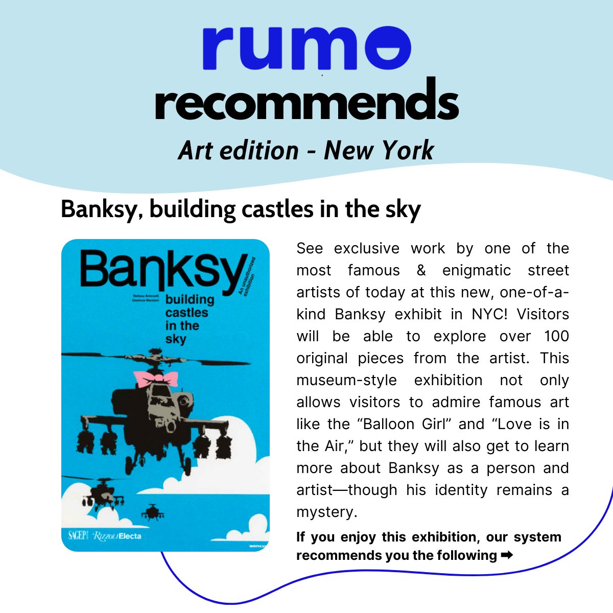 rumoiskind's tweet photo. Rumo #Recommends: Art Edition 🎨

To keep on this United States focus, here are Rumo’s recommendation in terms of art and exhibition in New York. From Street Art to augmented reality without forgetting haute couture, there’s some for everyone in the big apple! 🍏 https://t.co/DTqCtWZf6t