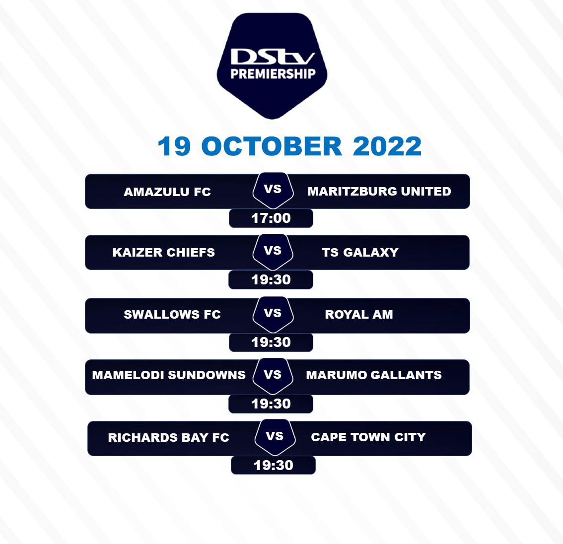 thomasmlambo's tweet photo. Your games for this evening in the #DstvPrem

What are your score predictions?

Mine are:

Draw for AmaZulu v Maritzburg
Both Teams to score - Chiefs &amp; Galaxy
Royal AM win
Sundowns win
Draw Richards Bay and CT City

What do you think? https://t.co/eHZn6LFZeg