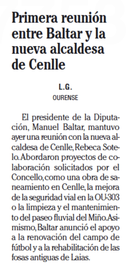 DeputacionOU's tweet photo. 🗞 @FaroOurense 
Primera reunión entre @ManuelBaltar y la nueva alcaldesa de @Cenlle Rebeca Sotelo
https://t.co/TF7JGjlPoZ https://t.co/v7Sbl9d6TU
