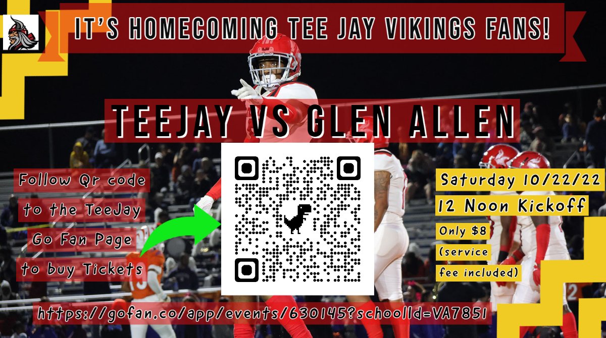 TJHSVikings's tweet photo. Greetings Vikings Fans! It's Homecoming! Come out and support the Vikings as they go for Big Win #8! Kick off is at 12 noon on Saturday! Buy tickets on the TeeJay Go Fan page!

https://t.co/XLsDXFDkpR

#vikingupdate #VikingPride #WeAreRPS https://t.co/r8mXhiUuxP