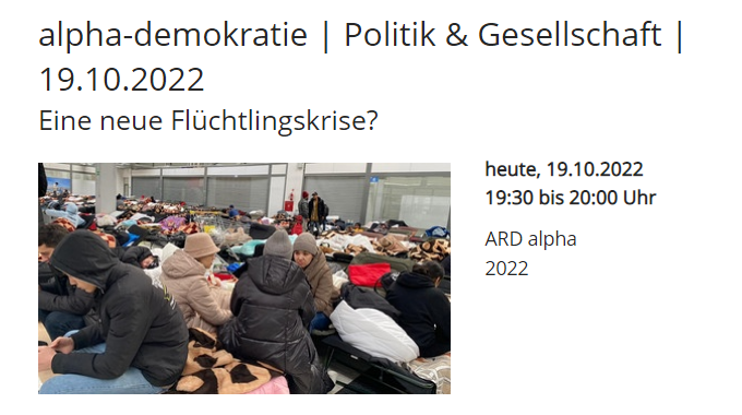 Heute Abend um 19:30 Uhr den 📺 einschalten und @ARDalpha schauen. Die SVR-Vorsitzende Prof. Petra Bendel äußert sich zur Frage „Gibt es eine neue #Flüchtlingskrise?“ programm.ard.de/TV/ardalpha/al… <a href="/UniFAU/">FAU Erlangen-Nbg</a> @ARDde #Ukraine