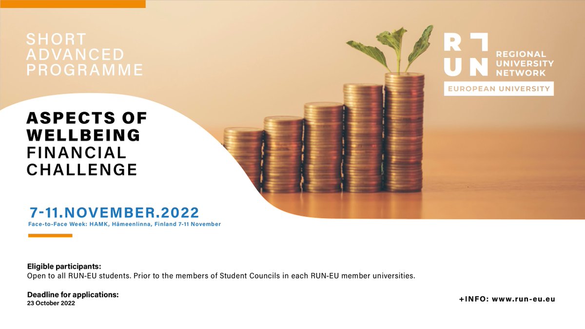⚖️ Do you want to learn how to balance sustainable value creation with solution-finding for a stable financial future? Join this new SAP and participate in a week in Finland! 👉 APPLY BY 23 OCTOBER +INFO: bit.ly/SAP_Financial_… #run_eu