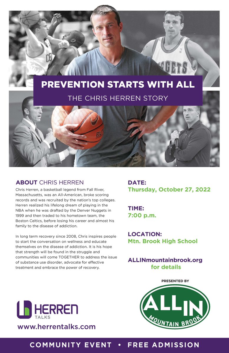 EIGHT days away <a href="/HerrenTalks/">Herren Talks</a> <a href="/c_herren/">Chris Herren</a>
Chris Herren, LIVE, at 7 pm. <a href="/mtnbrookhs/">Mountain Brook High School</a>
  - register here - allinmountainbrook.org