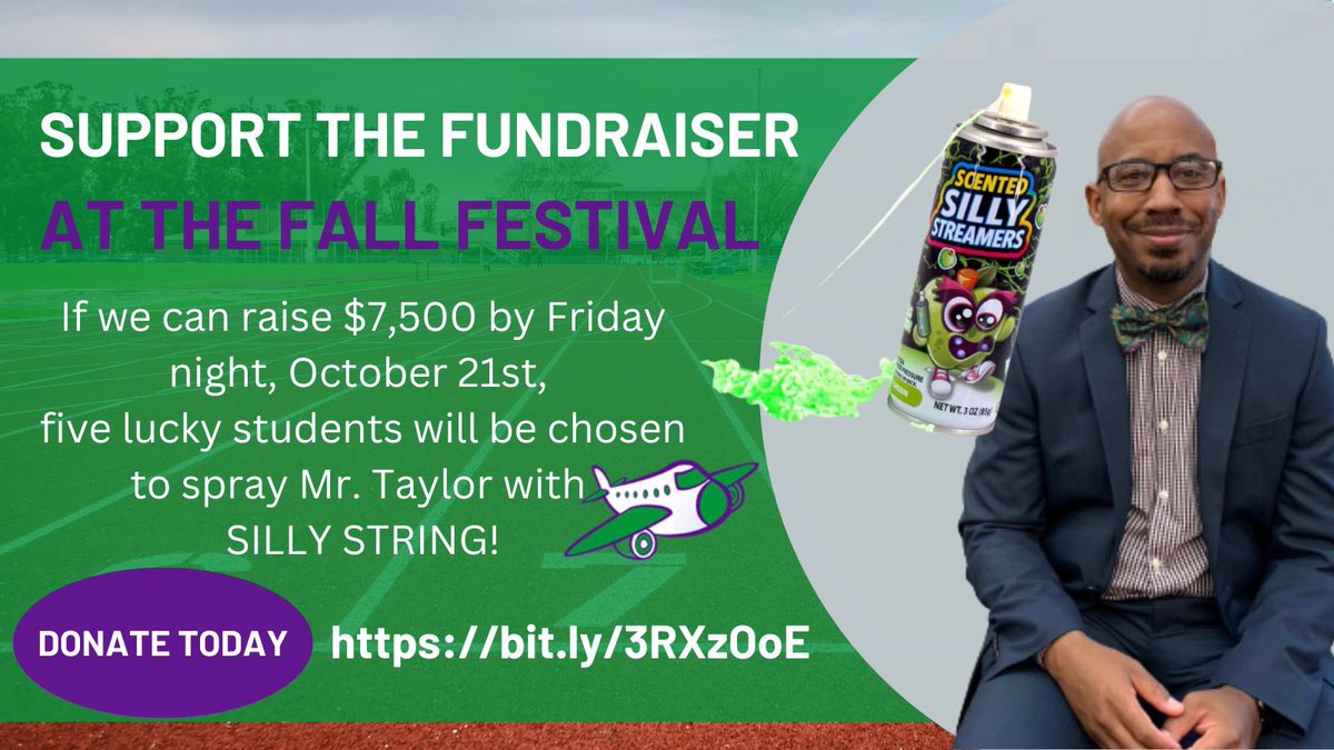 bces_pta's tweet photo. Our Fall Festival Screen on the Green Night is TWO days away! If we can raise $7,500 towards our fundraiser by Friday night, students will not only get to watch a movie but also watch Mr. Taylor get sprayed with silly string. Make your gift ➡️ https://t.co/wnP9zS5arx https://t.co/E2gLHrJAtV