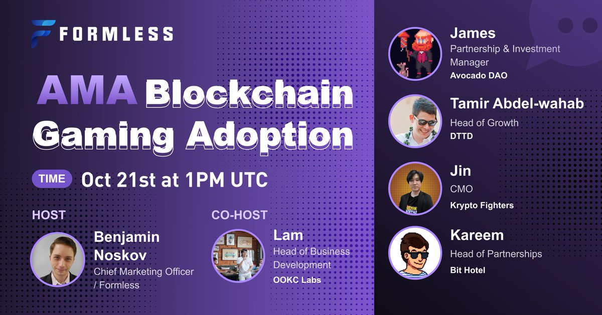 🚀Web3.0 Salon #9: Blockchain Gaming Adoption🚀
👥Participants:<a href="/OOKCLabs/">OOKC</a> <a href="/KryptoFighters/">KryptoFighters</a> <a href="/playbithotel/">Bit Hotel</a> <a href="/dttd_nft/">DOTTED</a>
 <a href="/TezosWillBezos/">Chenny</a> <a href="/TamirAWahab/">Tamir Abdel-wahab</a> 
⏰ Time: 21 Oct 2022-01:00PM UTC
🏆 Rewards: 300 USDT Prize Pool - 30 Winners
🔸 Gleam: bit.ly/3EY1m9P  #GameFi #AMA #Giveaway