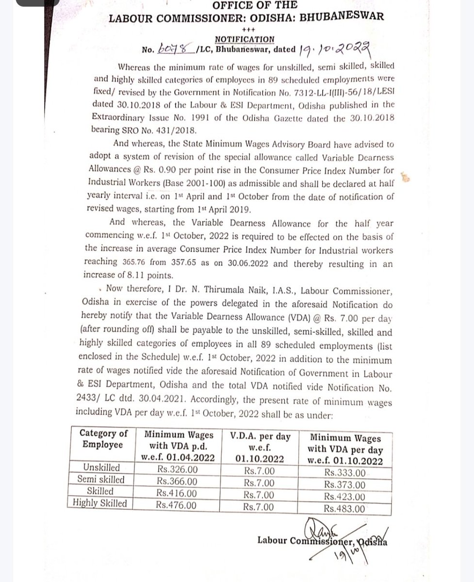Labour Commissioner, Odisha (@labourodisha) on Twitter photo Minimum Wage with revised Variable Dearness Allowance notified for Unskilled, Semi Skilled, Skilled and Highly Skilled categories of employees in 89 Scheduled employments. The new wage rates shall be effective from 01.10.2022.
<a href="/LESIOdisha/">Labour & ESI Dept. Government of Odisha</a>
<a href="/IPR_Odisha/">I & PR Department, Odisha</a> Minimum Wage with revised Variable Dearness Allowance notified for Unskilled, Semi Skilled, Skilled and Highly Skilled categories of employees in 89 Scheduled employments. The new wage rates shall be effective from 01.10.2022.
<a href="/LESIOdisha/">Labour & ESI Dept. Government of Odisha</a>
<a href="/IPR_Odisha/">I & PR Department, Odisha</a>