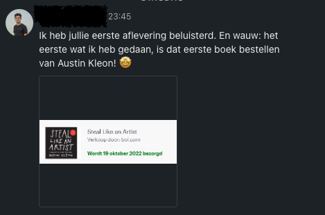 "I listened to your first <a href="/wonderkamerFM/">Wonderkamer</a> episode. And wow: the first thing I did was order that first book by <a href="/austinkleon/">Austin Kleon</a>! 🤩"