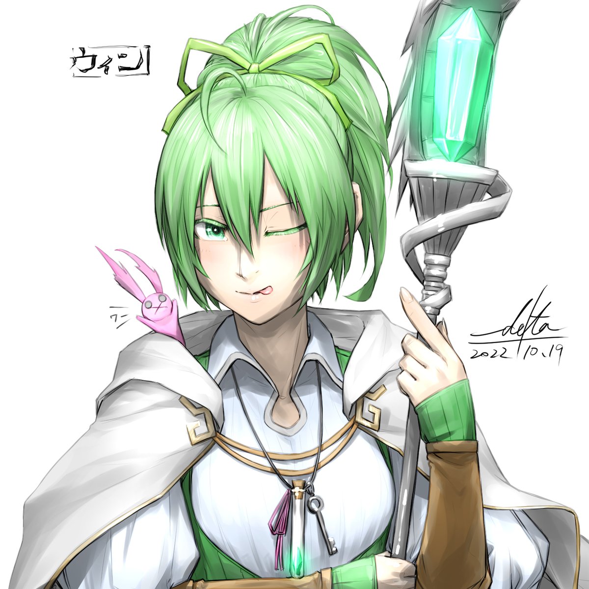 1girl green eyes green hair one eye closed staff jewelry ponytail  illustration images