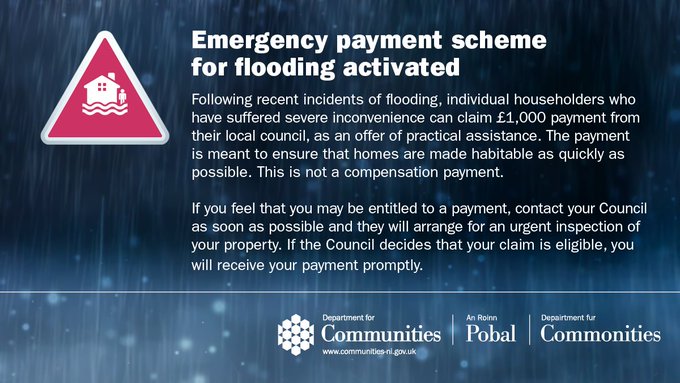The @CommunitiesNI Minister @DeirdreHargey confirms the Emergency Payment scheme for flooding is active. Householders who have suffered severe inconvenience from flooding can claim £1,000 payment through their local council. ⬇️