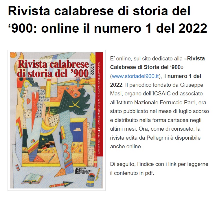 IcsaicStoria's tweet photo. #ICSAIC
Rivista calabrese di storia del ‘900: online il numero 1 del 2022
==> https://t.co/yO2GDIQOvs https://t.co/X1YqUmqbBB