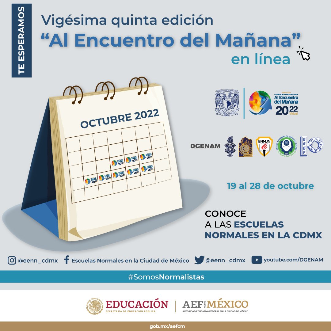 EENN_CDMX's tweet photo. Recuerda que hoy inicia “Al Encuentro del Mañana”, evento pensado para ti y un mejor futuro.
¡No faltes, te estaremos esperando!
👉🏻https://t.co/ZKxwKiDXcU
#SomosNormalistas #VidaNormalista #EscuelasNormales #FormaciónDocente #Educación #DGENAM #AlEncuentrodelMañana2022 https://t.co/olJMFQaAk4