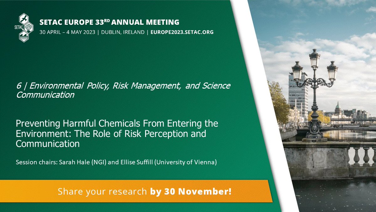Dublin is calling for the #SETACDublin meeting. Come and present your work on #chemicals in the session:
Preventing Harmful Chemicals From Entering the Environment: The Role of Risk Perception and Communication
<a href="/PMsarahehale/">Sarah Hale</a> <a href="/ESuffill/">Ellise Suffill</a> <a href="/ZeroPM_H2020/">ZeroPM</a>