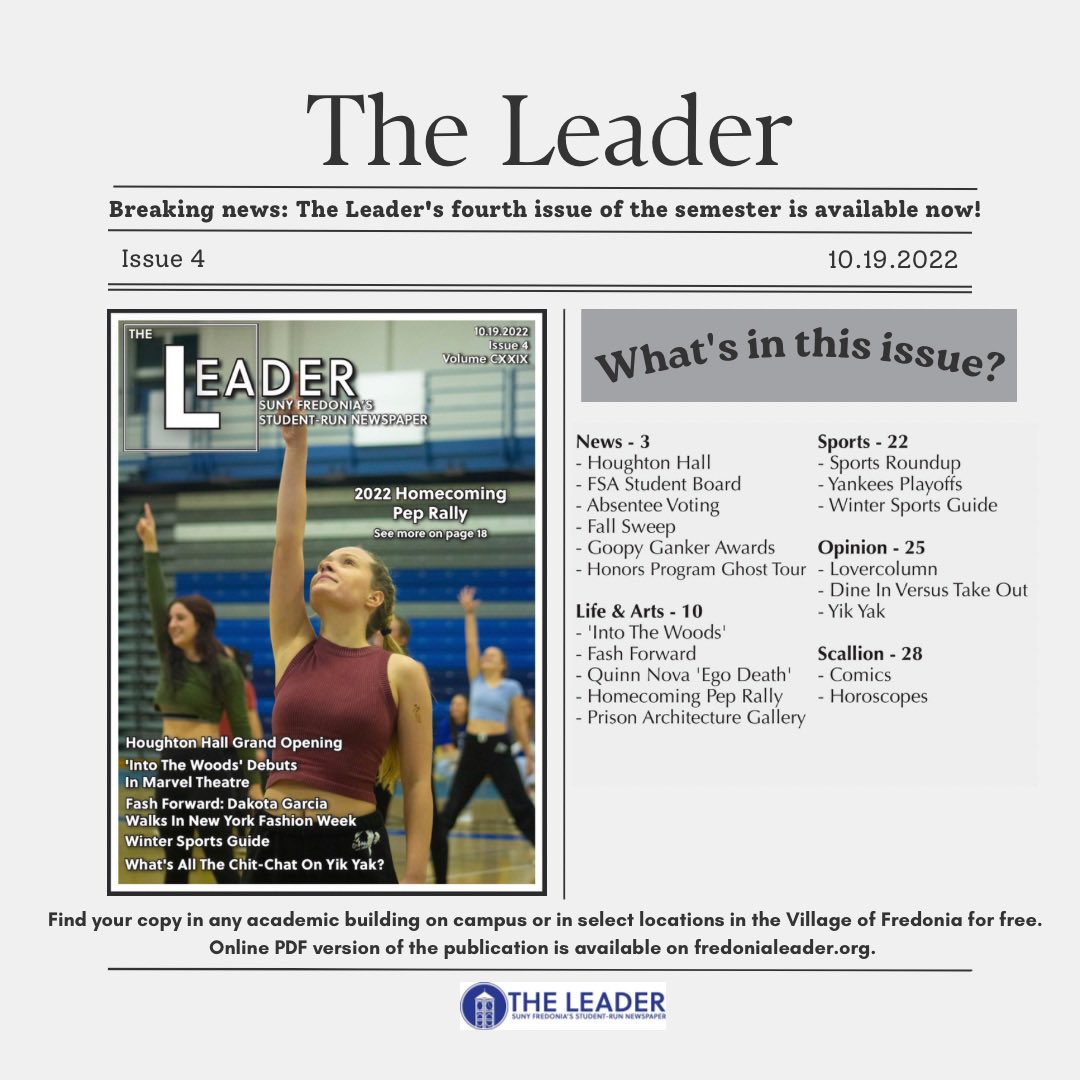 LeaderFredonia's tweet photo. The Leader’s fourth print issue of the semester is hot off the press!🗞

Be sure to grab a print copy of issue 4, or access the PDF version on our website. Link provided below.🔗

https://t.co/7kMDZFzbQL https://t.co/LVQ3ldDh9A