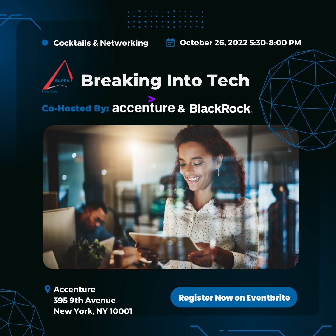 ALPFA_NY's tweet photo. THIS JUST IN: More spots have been opened up for Breaking Into Tech, Hosted by @Accenture and @BlackRock!

This event sold out QUICKLY, so don’t miss your opportunity to join us!  VERY LIMITED SPACE AVAILABLE!

REGISTER HERE TODAY:  https://t.co/qXzX0skZpi

#ALPFA #ALPFANY https://t.co/rmyGtCaTTK