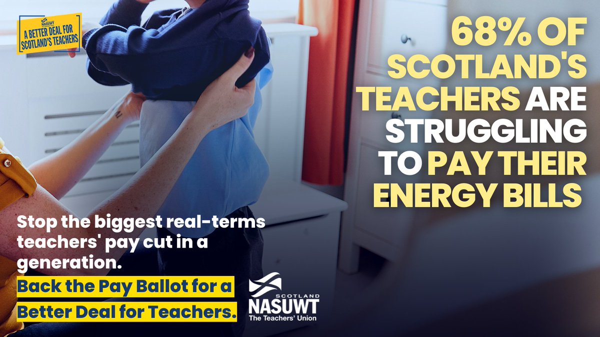 NASUWT_Scotland's tweet image. A 5% pay award is unacceptable.

You need &amp;amp; deserve a pay award which will enable you to weather cost-of-living pressures &amp;amp; which begins the process of restoring the real terms value of your pay.

Back the ballot for a #betterdealforteachers. 

Ballot opens on 26 October.