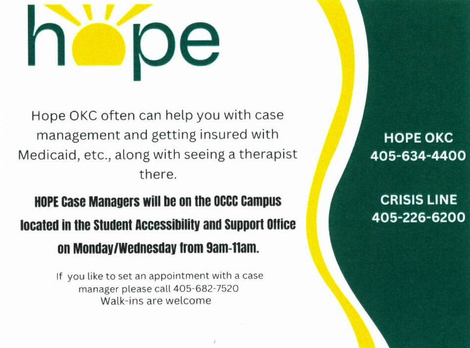 TRiOSSSatOCCC's tweet photo. OCCC is partnering with Hope OKC to provide counseling services on campus.  Swing by when they're on campus or give them a call. 
#wellnesswednesday #occc #hopeOKC #counseling #college #occctriosss #studentsupportservices #studentaccessibility https://t.co/r3o7BFyShT