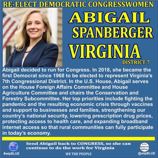 Abigail Spanberger (D) Va-7; “The Inflation Reduction Act: ✔️Lowers drug costs for Va. seniors ✔️Makes recommended vaccines available to Medicare beneficiaries at no cost ✔️Bring down health care premiums for Va. families” #wtpBLUE #ONEV1 #FreshResists #DemVoice1