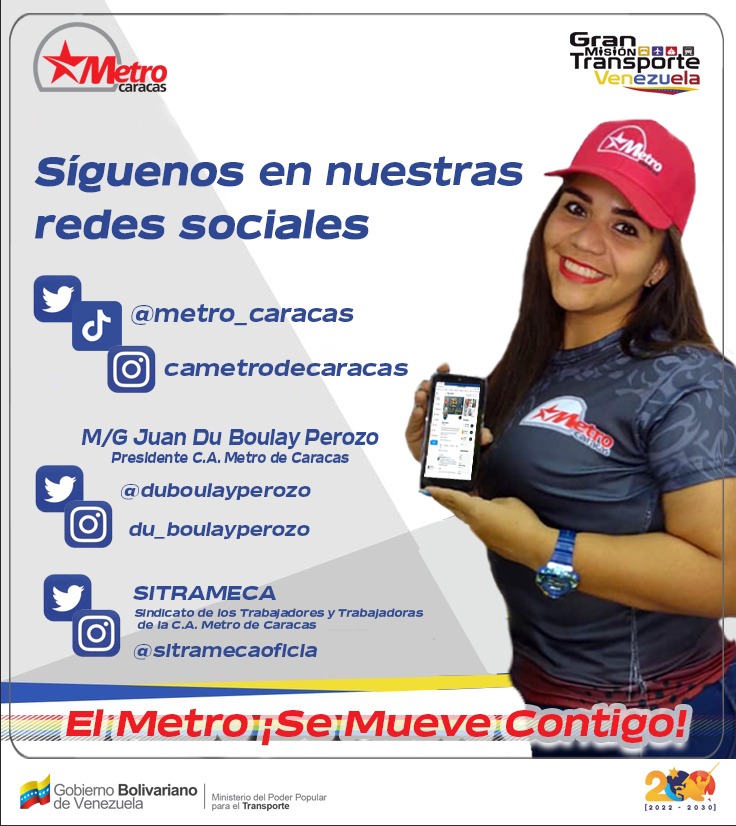 #Síguenos 📲 En el @metro_caracas trabajamos cada día para ofrecer un mejor servicio, por eso te recomendamos seguirnos en nuestras redes sociales y mantenerte actualizado con la información oficial acerca del Sistema. #ElMetroSeMueveContigo 🚇