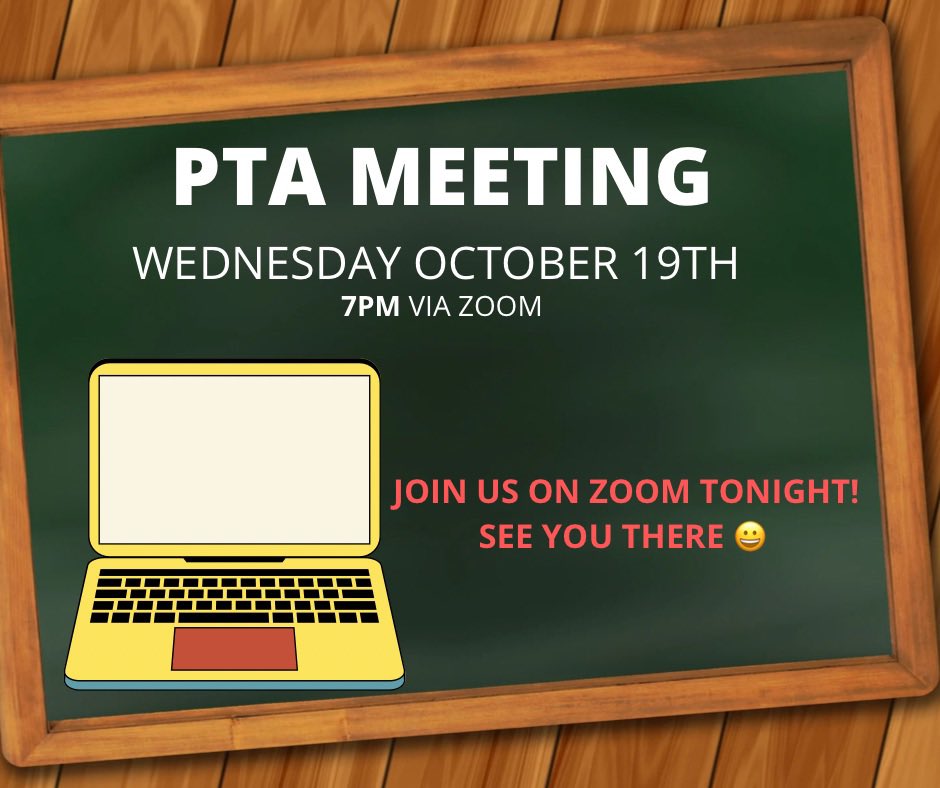Join us tonight Hugger Families! Check your email for our general PTA meeting Zoom link 😀