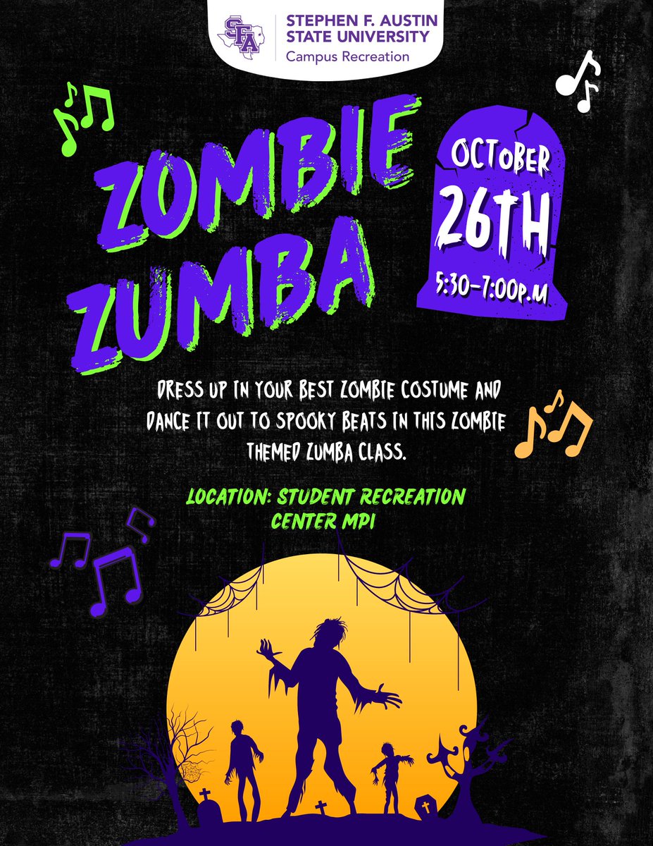Ready for some spooky fun? Join us next week on October 26th at 5:30 p.m. for Zombie Zumba! Dress up in your best zombie costume and prepare to dance!
