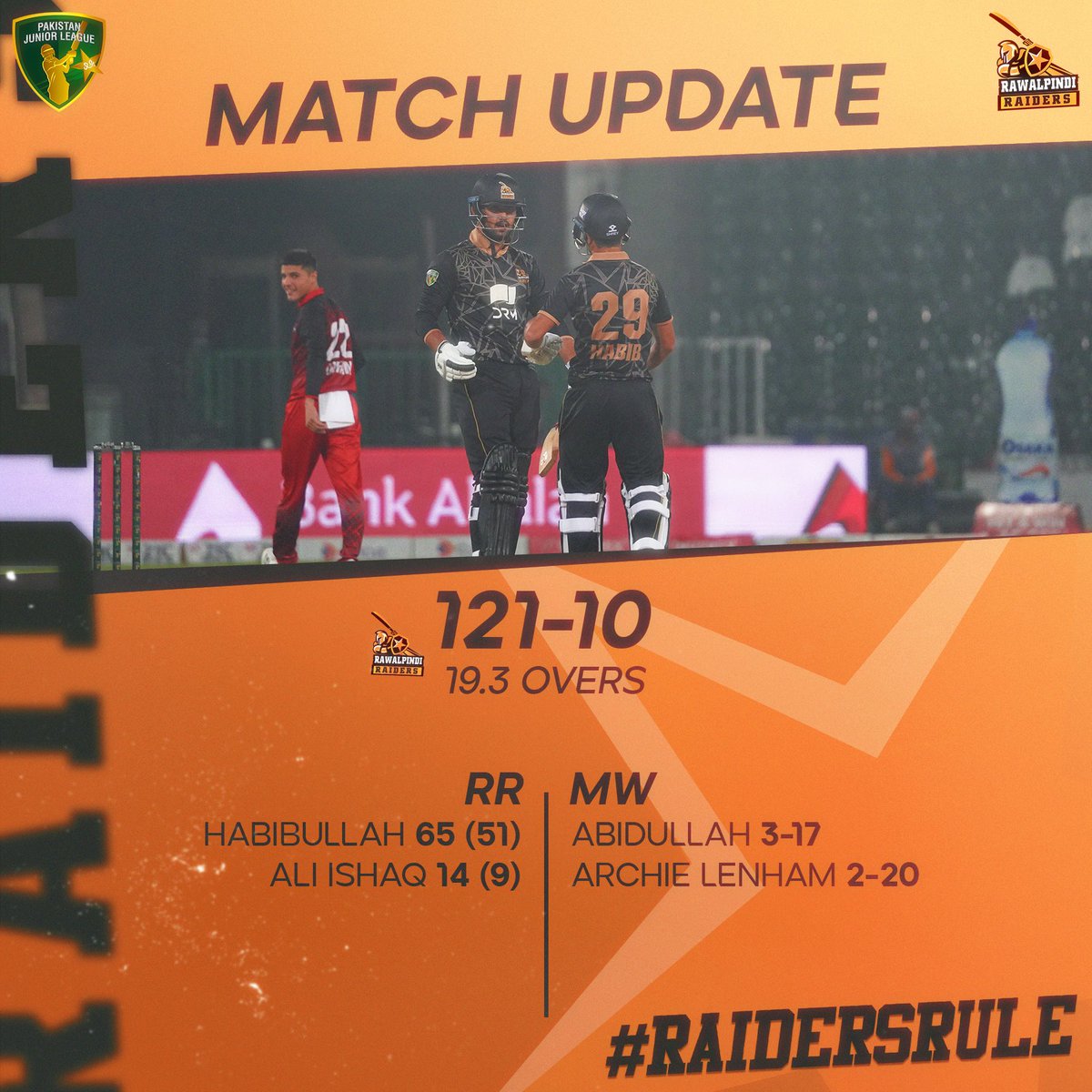 RR_pjl's tweet photo. Innings Break

Warriors need 122 runs to win this match.

#PJL | #Next11 | #RaidersRule | #RRvMW https://t.co/VeqxXtT18S