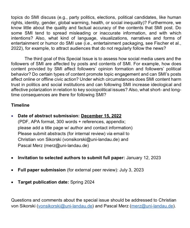 Christian von Sikorski (@cvsikorski) on Twitter photo 🚨SPECIAL ISSUE🚨Working on all things Social Media Influencers & Politics? Submit abstracts by DEC 15, 2022. Guest edited at American Behavioral Scientist by <a href="/PascalMerz1/">Pascal Merz</a> <a href="/RaffaelHeiss/">Raffael Heiss @raffaelheiss.bsky.social</a> <a href="/KathrinKarsay/">Kathrin Karsay</a> <a href="/DesireeSchmuck/">Desiree Schmuck</a> & myself 👇 🚨SPECIAL ISSUE🚨Working on all things Social Media Influencers & Politics? Submit abstracts by DEC 15, 2022. Guest edited at American Behavioral Scientist by <a href="/PascalMerz1/">Pascal Merz</a> <a href="/RaffaelHeiss/">Raffael Heiss @raffaelheiss.bsky.social</a> <a href="/KathrinKarsay/">Kathrin Karsay</a> <a href="/DesireeSchmuck/">Desiree Schmuck</a> & myself 👇