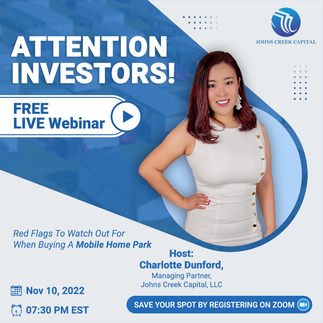 CapitalJohns's tweet photo. �� Don't miss this opportunity! Register now and join us on November 10 at 7:30 pm EST. https://t.co/TxlUvtIj7M

#webinar #mobilehomepark #mobilehome #mobilehomes #manufacturedhome #realestate #manufacturedhomes #passiveinvesting #investing #passiveincome #johnscreekcapital https://t.co/al9CH4hZQv