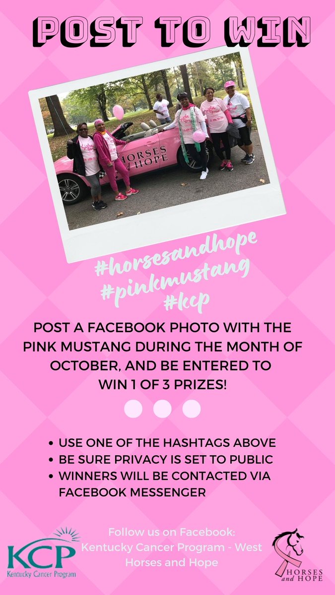 KyCancerProgram's tweet photo. ๐๐ง๐๐๐ฃ ๐๐๐ซ๐๐ง ๐ฟ๐๐จ๐ฉ
Oct 20 - Deaconess Henderson Hospital
Oct 21 - Ohio County Healthcare
๐๐จ๐ซ๐ฌ๐๐ฌ & ๐๐จ๐ฉ๐ ๐๐ฎ๐ฌ๐ญ๐๐ง๐ ๐๐จ๐ฎ๐ซ; ๐๐๐๐ข๐ง๐ ๐ญ๐จ ๐ฒ๐จ๐ฎ๐ซ ๐๐ซ๐๐ ๐๐จ๐ซ ๐๐ซ๐๐๐ฌ๐ญ ๐๐๐ง๐๐๐ซ ๐๐ฐ๐๐ซ๐๐ง๐๐ฌ๐ฌ
#kcp #horsesandhope #pinkmustang https://t.co/8K7eCwYoUi