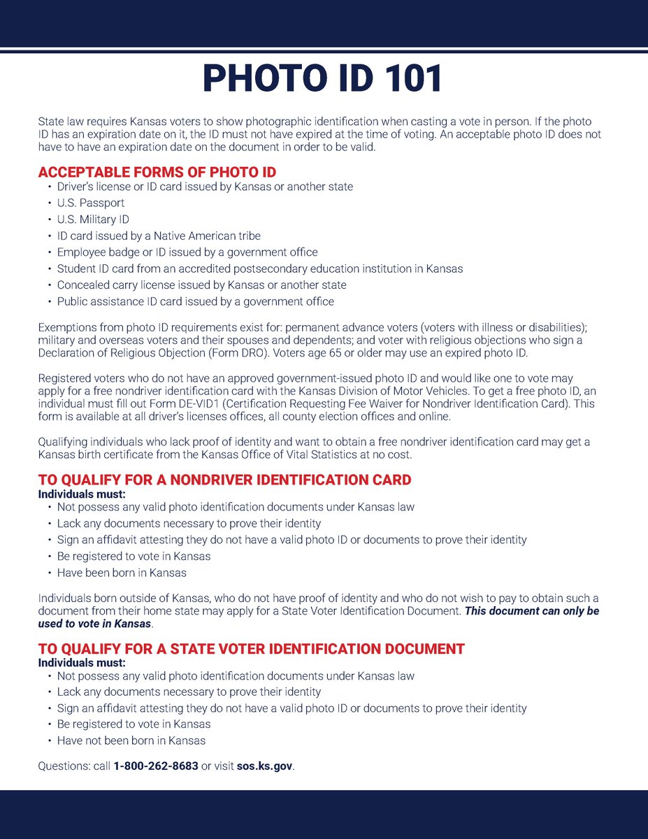 KansasSOS's tweet photo. Advance in-person voting may also begin today. Voters may locate their county's advance in-person voting schedule by contacting their county election office.

Remember - photo ID is required! Before you head to the polls, review the acceptable forms of ID. #ksleg https://t.co/NLXAaUDWJR