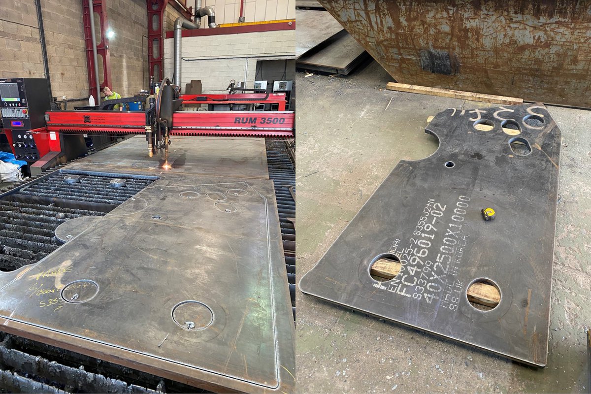 Our Flame machine is working it's way through these heavy plates today. 40mm thick S355J2+N material, nearly 3m in length!

#steel #flame #ukmanufacturing #engineering