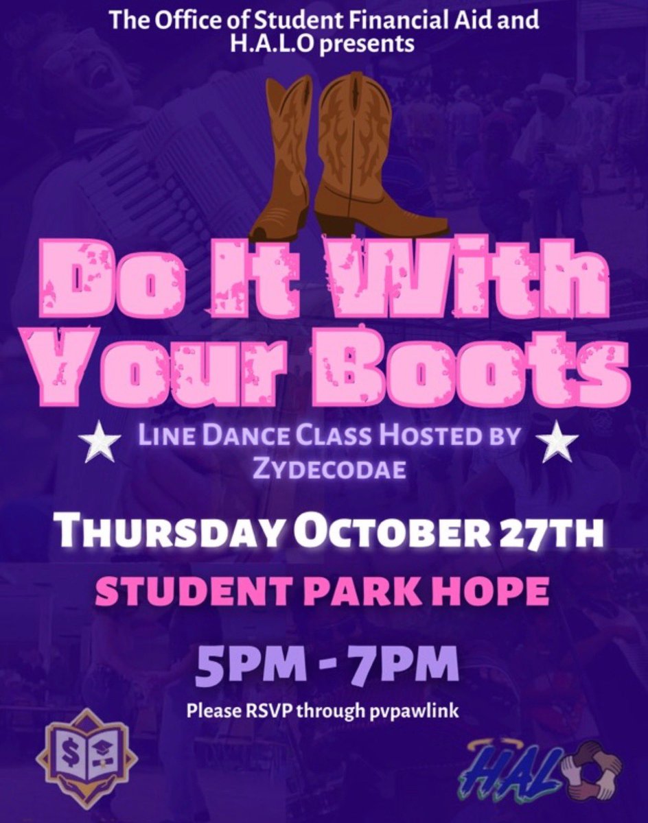 HALOPVAMU's tweet photo. Grab your boots and come learn how to line dance before the Homecoming Trailride! RSVP on pvpawlink to be accounted for. Location: Square Courts / Under the pavilion 
#BeAHALO #PV https://t.co/94sY4Rke0v
