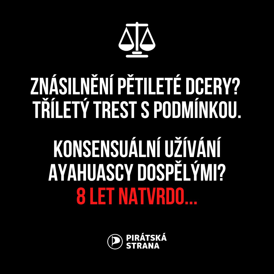 Znásilnění pětileté dcery? Tříletý trest s podmínkou. Znásilnění šestnáctileté dívky? Dvouletý trest a ústavní léčba. Když ale v Česku konsensuálně s ostatními dospělými užíváte ayahuascu? Osm let tvrdého vězení. Těžko pak věřit, že naše zákony chrání spravedlnost.