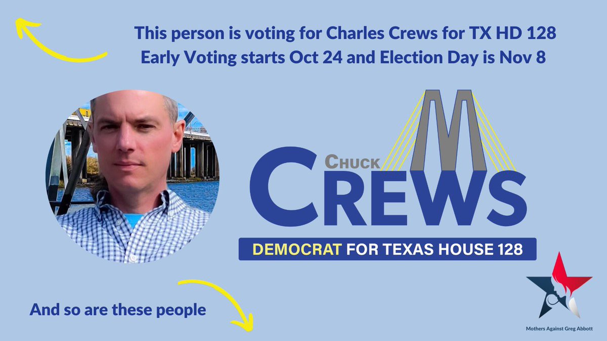 CrewsforTX's tweet photo. Howdy! Join @MomsAGAbbott in showing your support for our race for #HD128 today. Like/RT/Follow to spread the word!
Next Monday, Oct. 24th, will be the FIRST day of Early Voting. Find your polling place, sample ballot, and more at https://t.co/ttD6ZB8oIz!
#VoteBlue #VoteCrews https://t.co/OSo93NtUSf
