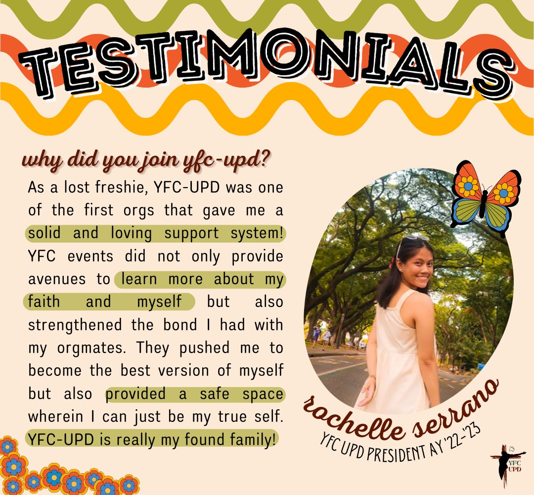 yfcupd's tweet photo. Hey, you! It's not yet too late to fly with us here in YFC-UPD! 🦋

📌 Register now at this link: https://t.co/bXpI0wB0Zq

Still not sure? 🤔 Check out these testimonials from members about their journey of growth and faith in their found family in YFC-UPD 💗
#MetamorphicJourney https://t.co/f5PxPnpgNj