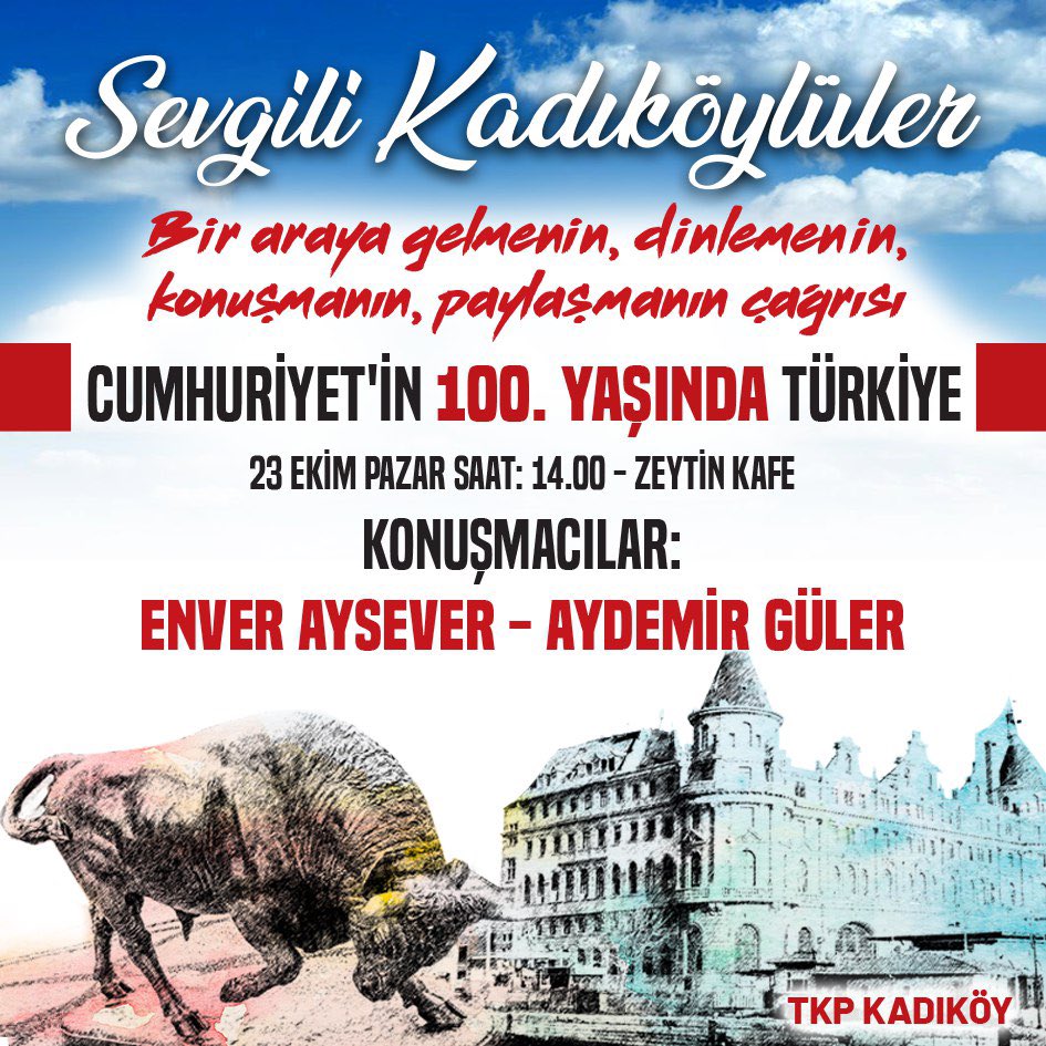 Enver Aysever (@enveraysevera) ve Aydemir Güler’in (@AydemirGuler) katılımıyla Cumhuriyet’in 100.yaşında Türkiye'yi konuşacağız. 📍 Zeytin Kafe 🗓 23 Ekim Pazar ⏰ 14.00