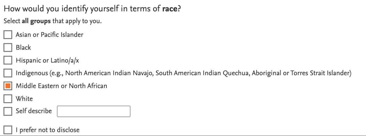 Abbas__D's tweet photo. Logged in to @ElsevierConnect this AM. Greeted by a survey re race/ethnicity that ACTUALLY has my category! I can honestly say this is the 1st time I've seen myself represented in these. Hats off to you Elsevier! Everyone: include ME/NA in race, and be more explicit re ethnicity! https://t.co/WvYHYz6c8e
