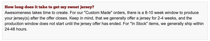 mockjv's tweet photo. @GeekyJerseys Also, I'd highly recommend updating your website to properly set realistic expectations for prospective customers because as of right now it *still* says that it can take 8-10 weeks... https://t.co/DmABOp6Ftr