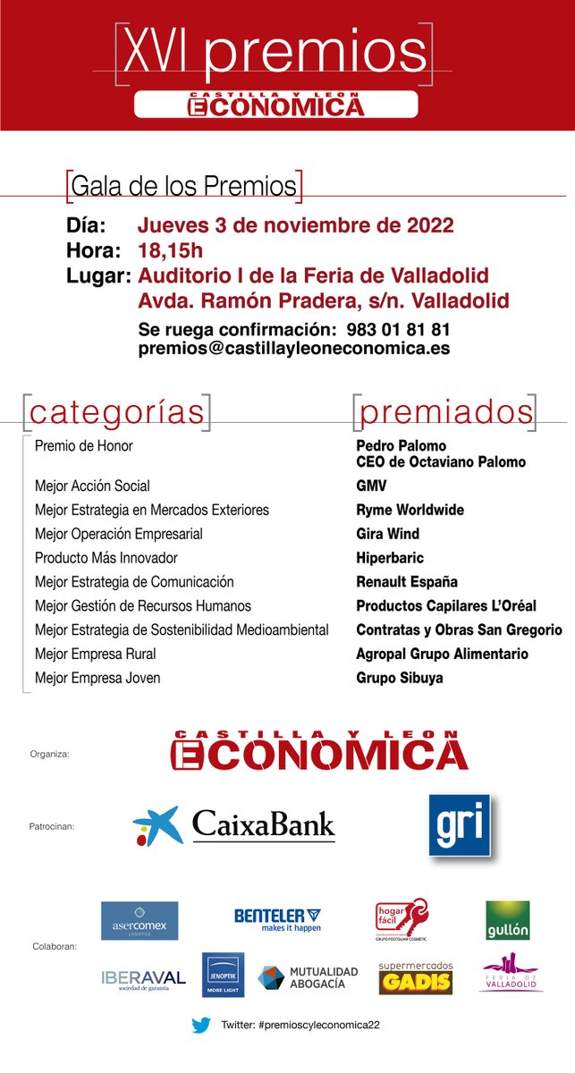 lalcaldeg's tweet photo. El 3 de #noviembre se entregan los XVI #premioscyleconomica22 https://t.co/zw6Y6i1urU vía @cyleconomica @caixabank
@GRIrecolocacion
@asercomexLCI
@BENTELER_Group
@Gullon_esp
#HogarFácil @IBERAVAL
#Interob @Jenoptik_Group
@gadis
@MutuaAbogacia https://t.co/WJQYC8vEbL
