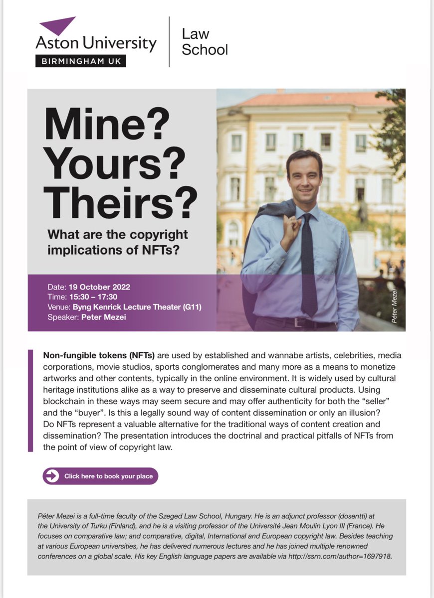 AstonLawSchool's tweet photo. Our Dr. Lucius Klobucnik today hosts a lecture from Peter Mezei of @Uni_Szeged on ‘What are the copyright implications of NFTs?’
#ALSResearch #ALSOpen https://t.co/OwDjVcxfo0