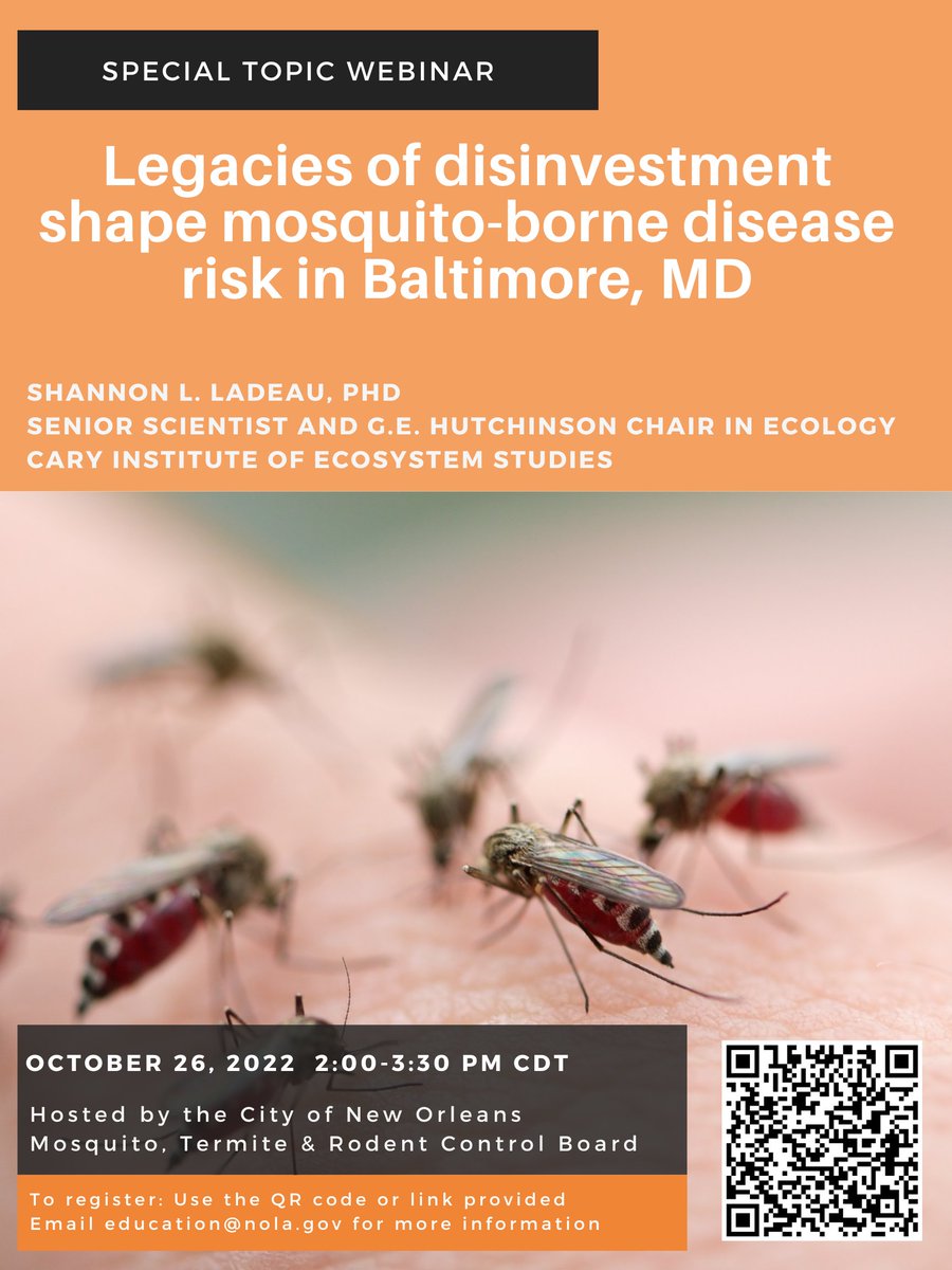 📢Special Topic Webinar-join us on October 26th, 2022 at 2:00pm as we host <a href="/slladeau/">Dr. Shannon LaDeau</a> from <a href="/caryinstitute/">Cary Institute</a> lecture on Mosquito-borne disease risks.  To register visit:  forms.office.com/g/ZxfhdhAeU8 or email education@nola.gov