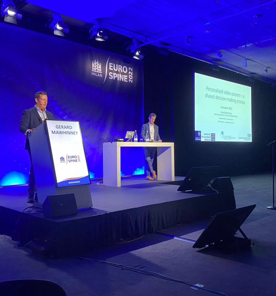 Oxford_RN's tweet photo. @EUROSPINESoc thank you for inviting me to present on personalised video consent in spinal surgery @NDCNOxford @OUH_Nursing @OUH_CPF #informedconsent #patientline #EUROSPINE2022 quote of the session “ there is nothing unique about uniform consent” https://t.co/C1TXuNPNjO