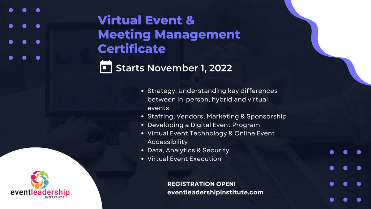 PCMAInstitute's tweet image. Earn 20 CMP hours in this 6-week online class starting November 1!  @AvAmbassador 

Learn more &amp;amp; register here: eventleadershipinstitute.com/courses/certif…

#eventprofs #eventleader #eventprofessionals #meetingplanners #meetingpros  #virtualevents #virtualeventplanner #virtualeventmanagement