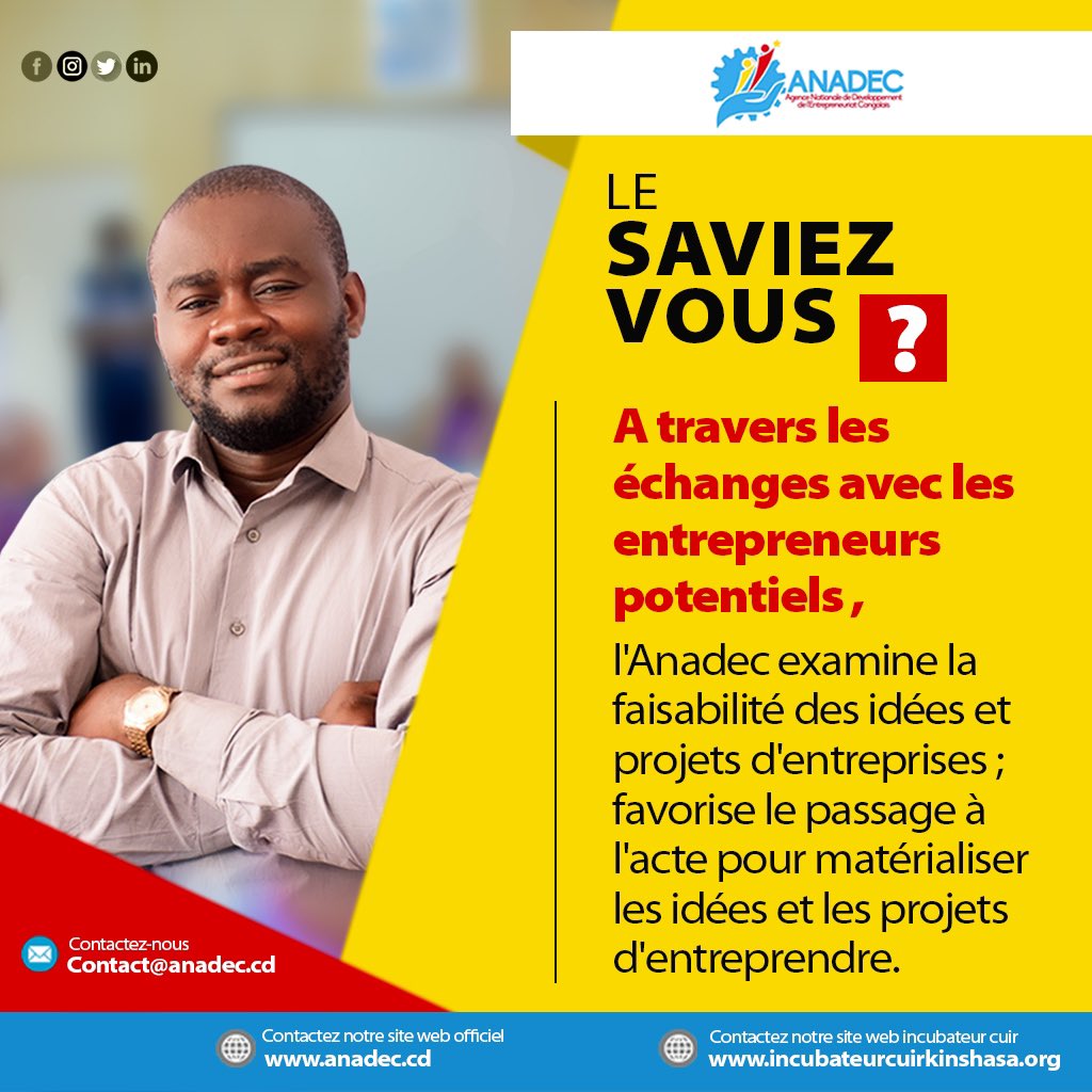 anadecrdc1's tweet photo. LE SAVIEZ-VOUS ?
A travers les échanges avec les entrepreneurs potentiels, l'Anadec examine la faisabilité des idées et projets d'entreprises;
favorise le passage à l'acte pour matérialiser les idées et les projets d'entreprendre.
#finanacement #RDC https://t.co/pYJQMpPdJL