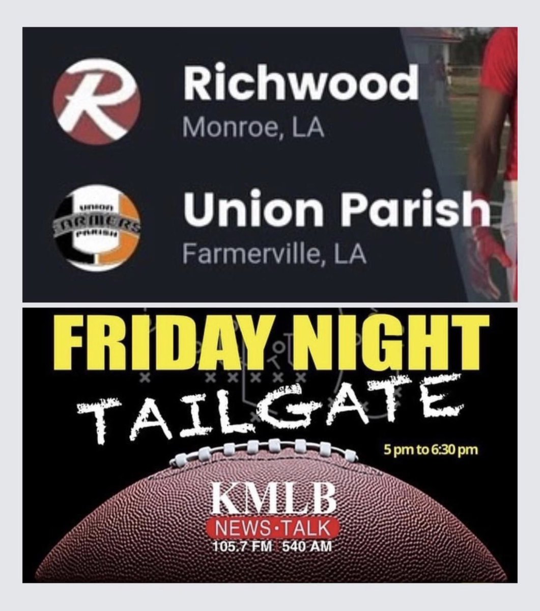 Join us Friday at 5:00 on on the <a href="/NEDeltaHSA/">Northeast Delta Human Services Authority</a> Tailgate show as we will spotlight our Downs Law Game of the Week - <a href="/FightinFarmers1/">UPHS Farmer Football</a> at <a href="/RichwoodRams/">Richwood Rams</a> 

@uphsfarmers <a href="/RichwoodFB/">Richwood High School Football</a> @BarstoolUnionF <a href="/marcusyanez/">Marcus Yáñez</a> <a href="/JoeSpatafora/">joe spatafora</a> <a href="/Coach_Tou/">Coach Tym Toussaint</a> <a href="/BakariGuice/">Bakari Guice</a>