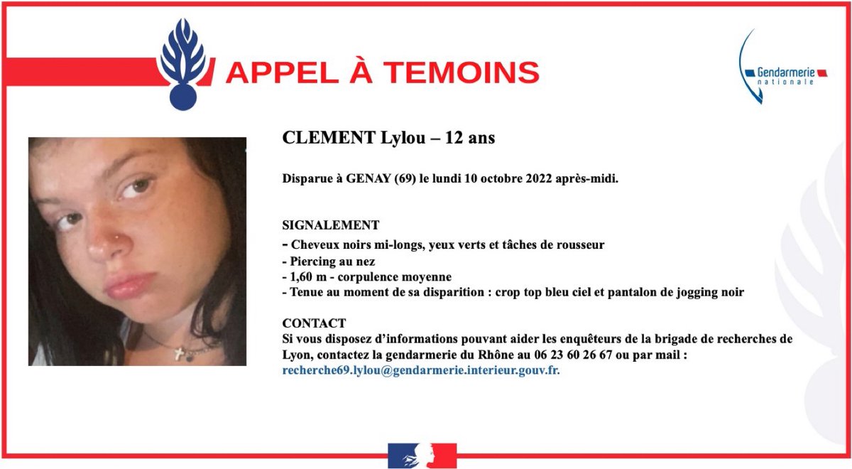 🚨🇫🇷 #AppelATémoins | Lylou, 12 ans, a disparu à #Genay dans le #Rhône le lundi 10 octobre 2022 après-midi.

☎️ Merci de contacter les enquêteurs au 06.23.60.26.67

(GendarmerieNationale) #Disparition