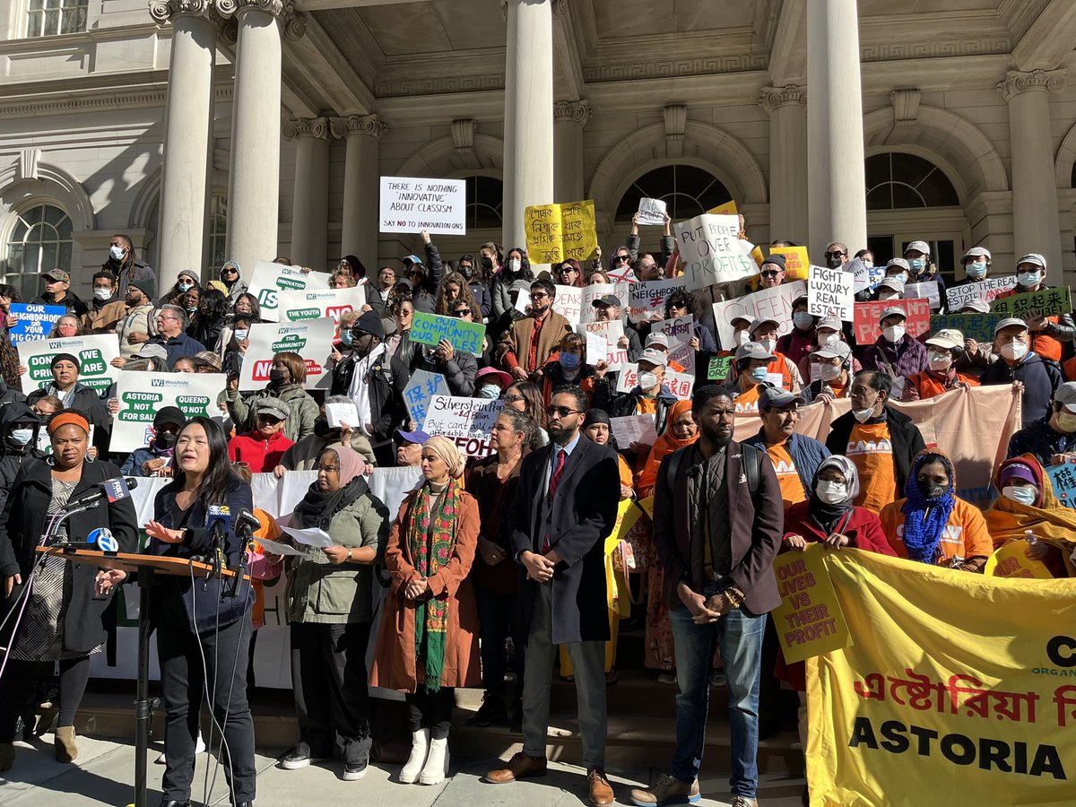 caaav's tweet photo. It’s begun!! We are fighting against DISPLACEMENT QNS with our big coalition today to say NO to a billionaire takeover of Astoria. This is what leadership looks like- our community on these steps here to take back what’s ours. ASTORIA IS NOT FOR SALE! https://t.co/GqLLzOPS7D