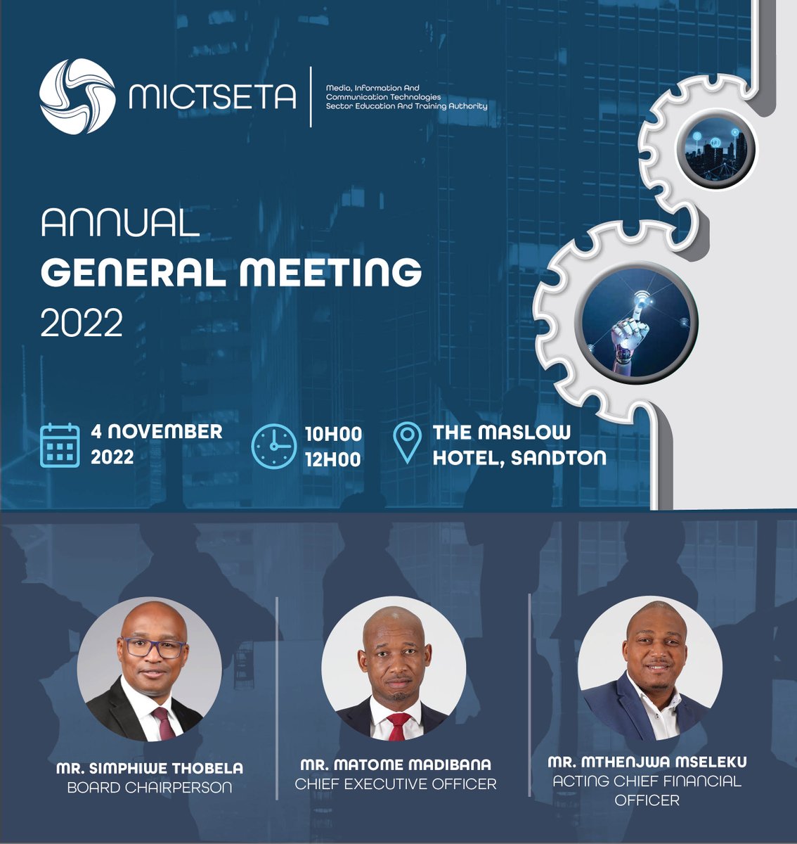 MictSeta's tweet photo. The Annual General Meeting (AGM) of the MICT SETA will be hosted on Friday, 4 November 2022 in accordance with clause 14(1) (3) of the MICT SETA Constitution.
All employee organisations and other interested stakeholders within the Media and ICT sub-sectors are invited to attend. https://t.co/Zwj0k8oGBg