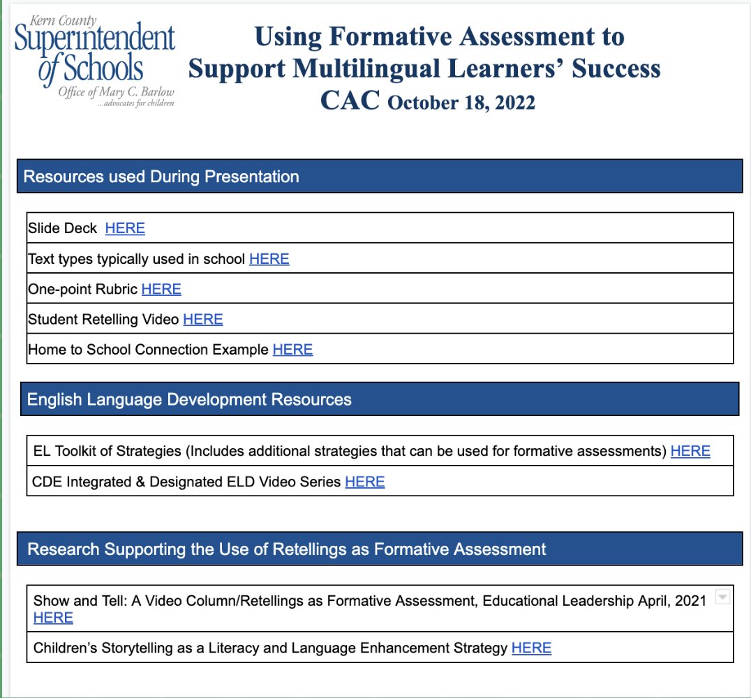 lillyrosenberg1's tweet photo. Session #2 for California Assessment Conference 2022. Two high-impact practices: formative assessment and retelling of texts to support the academic success your multilingual learners. Grab shared resources here https://t.co/5gUX4DzrE4 ##PartnersInProgressCAC https://t.co/14lF2mG9FZ