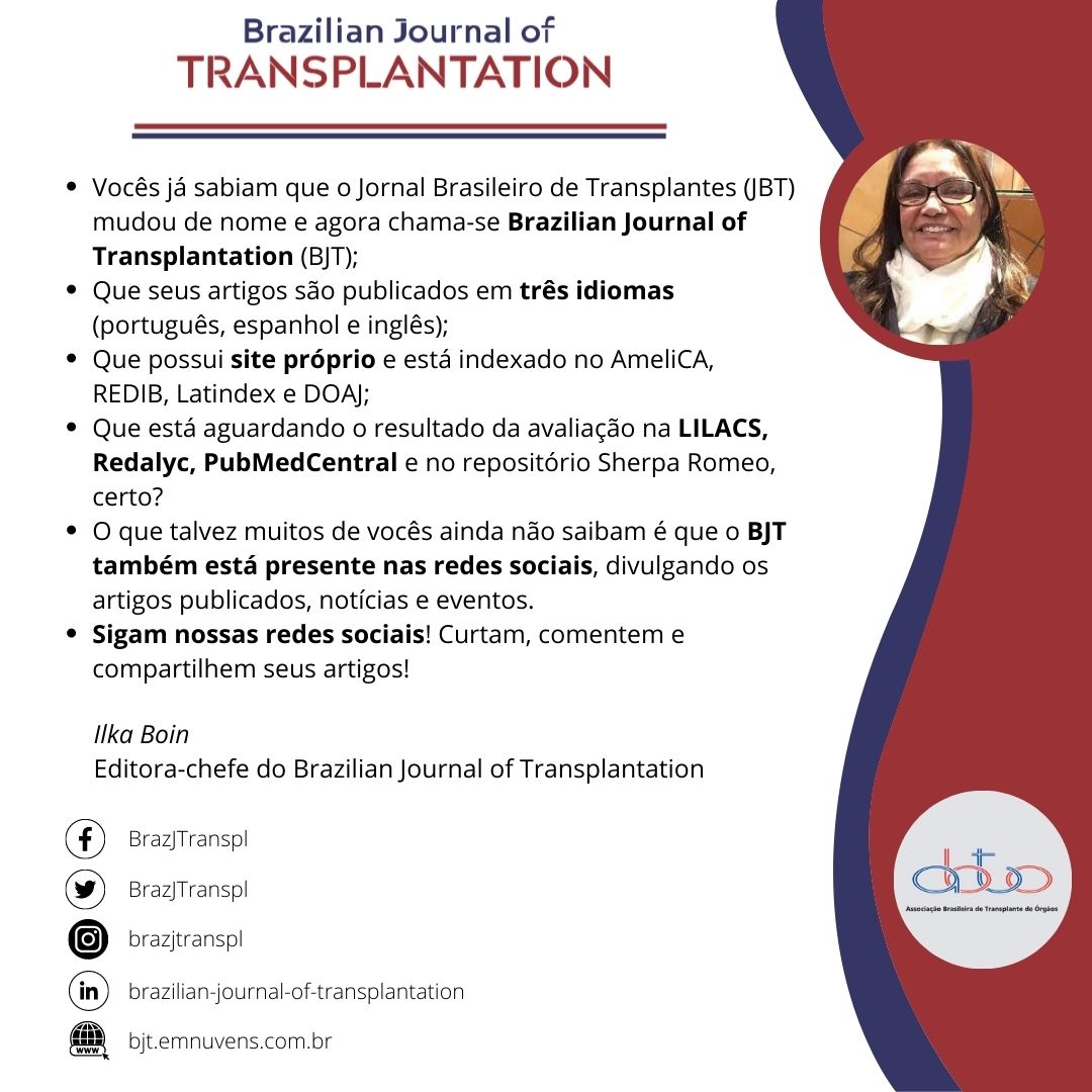 ABTO's tweet photo. BJT - Brazilian Journal of Transplantation em vias de internacionalização.

Siga e acompanhe! @brazjtranspl 

https://t.co/BSXrLswjF9

#abto #JBT #abtx #doacaodeorgaosetecidos #transplantedeorgaos https://t.co/YWIbWoEJrn