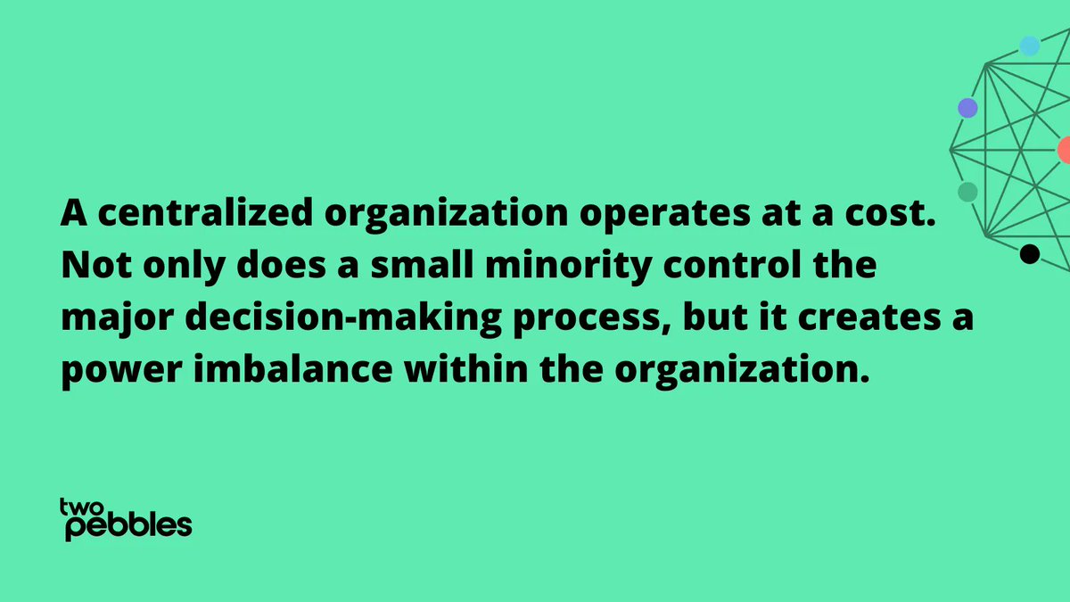 TwoPebbles_io's tweet image. A centralized organization operates at a cost. Not only does a small minority control the major decision-making process, but it creates a power imbalance within the organization, and can cost a significant amount in overhead. 
#DAOs are a clear way forward.
#blockchain #polkadot